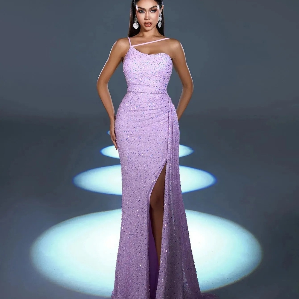 New Asymmetrical Spaghetti Straps Split Thigh Seq… - image 2